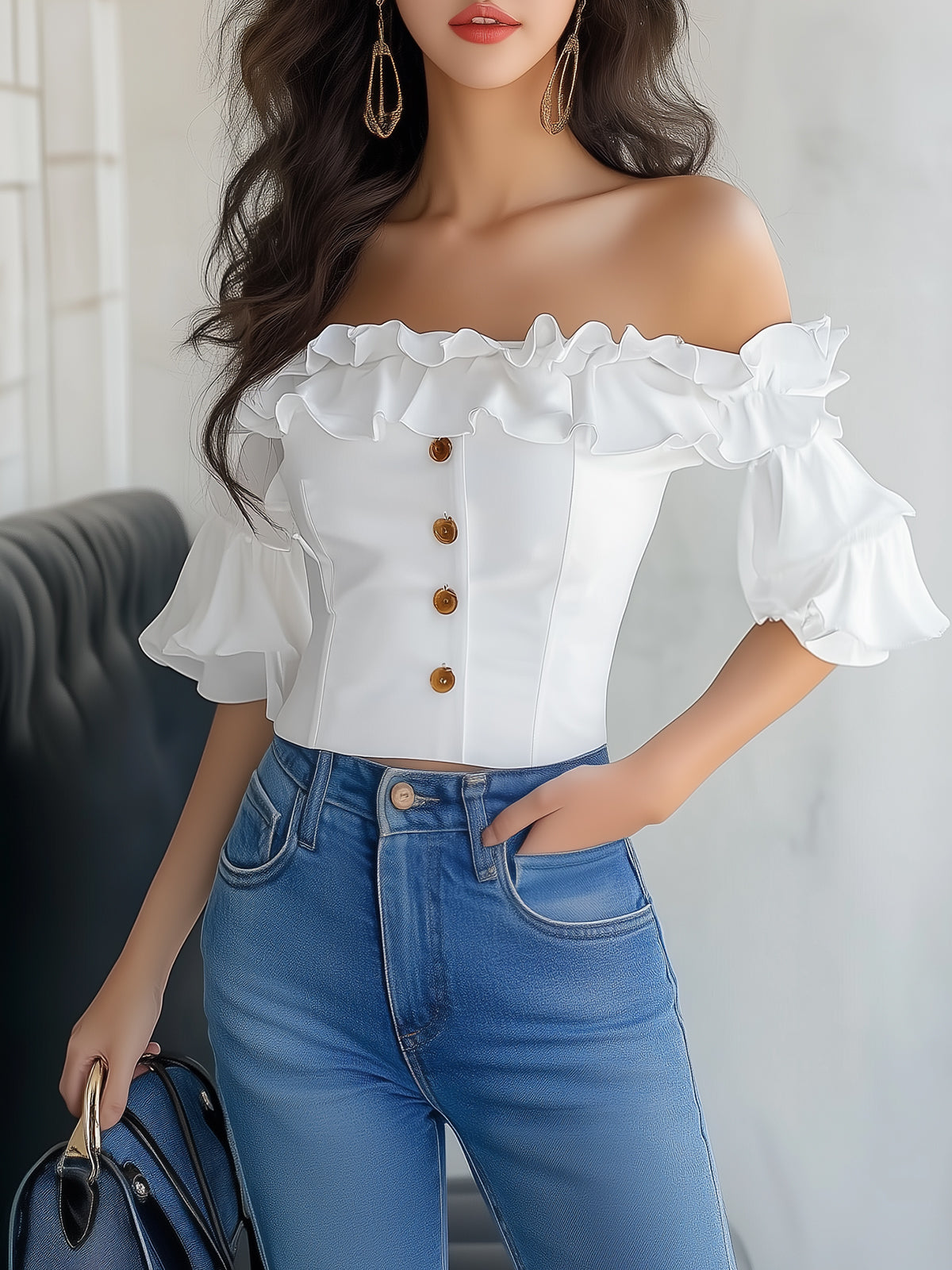 Stylish Off Shoulder Ruffled Buttoned Top