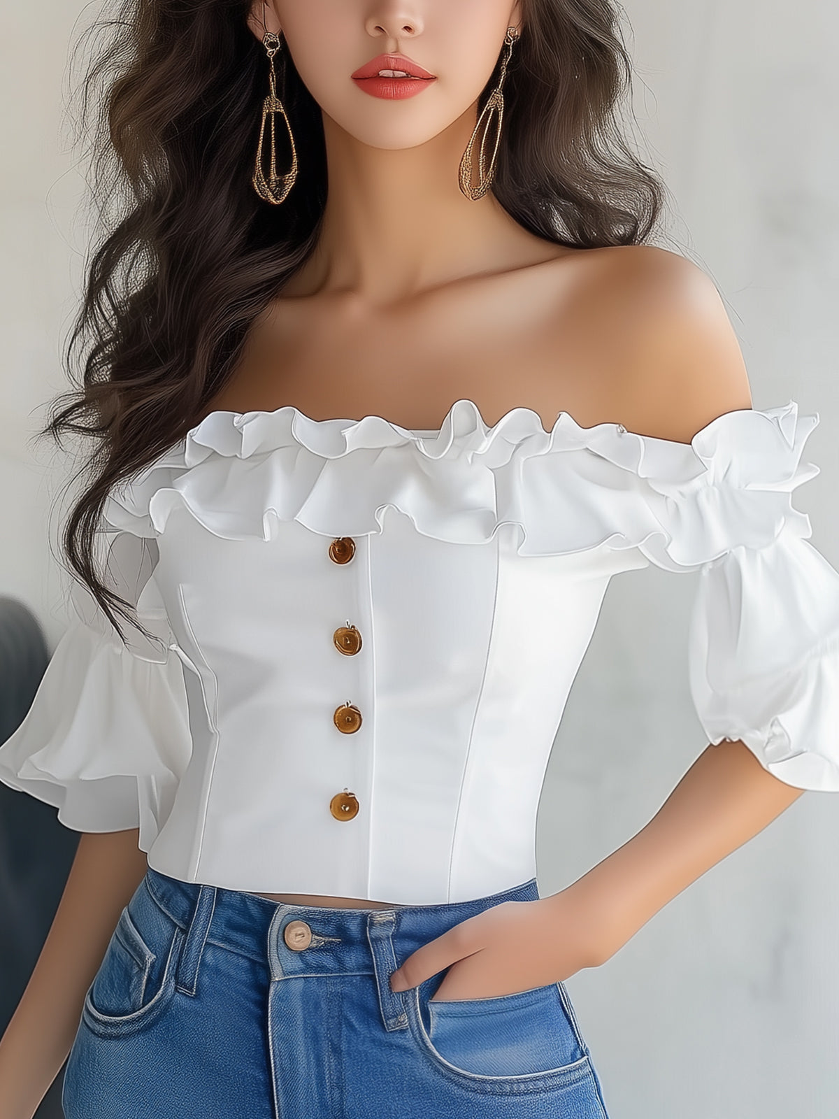 Stylish Off Shoulder Ruffled Buttoned Top