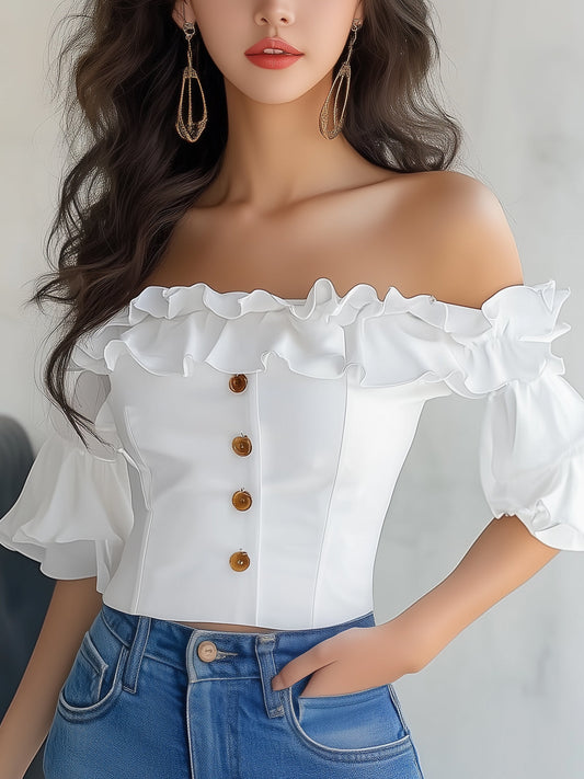 Stylish Off Shoulder Ruffled Buttoned Top