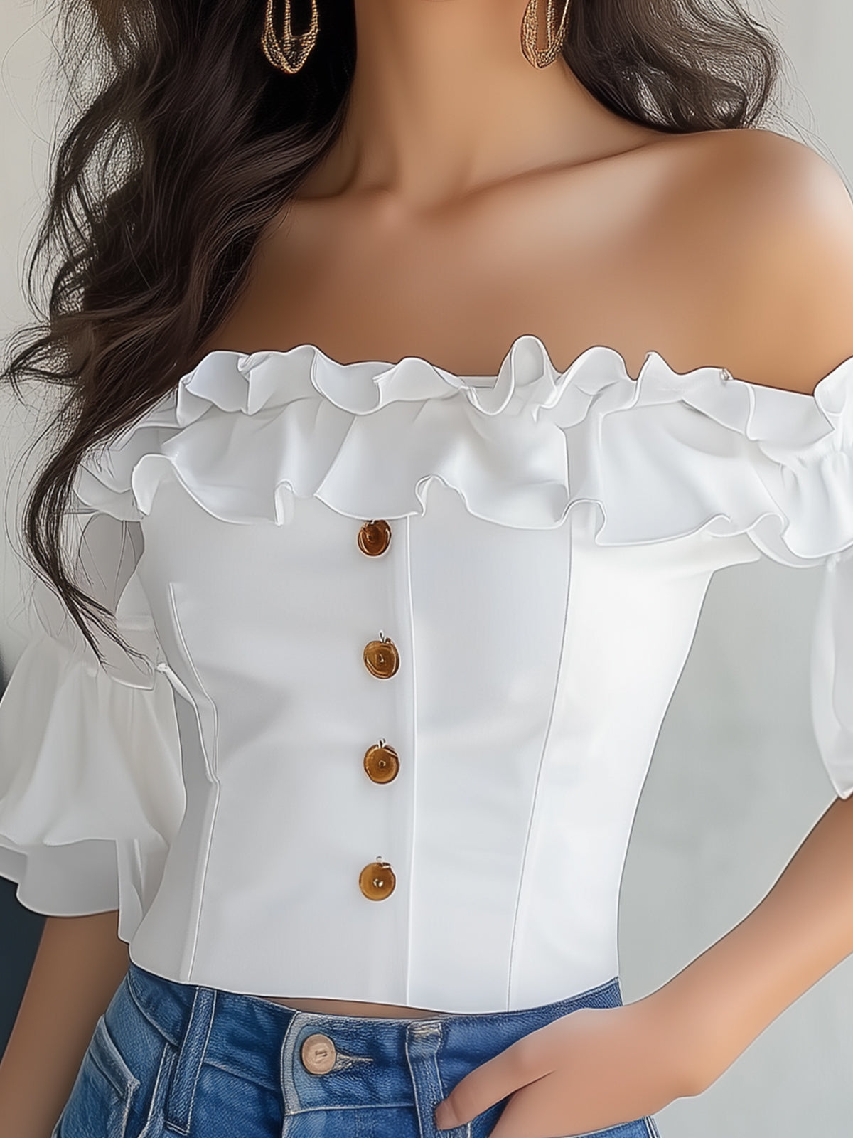 Stylish Off Shoulder Ruffled Buttoned Top